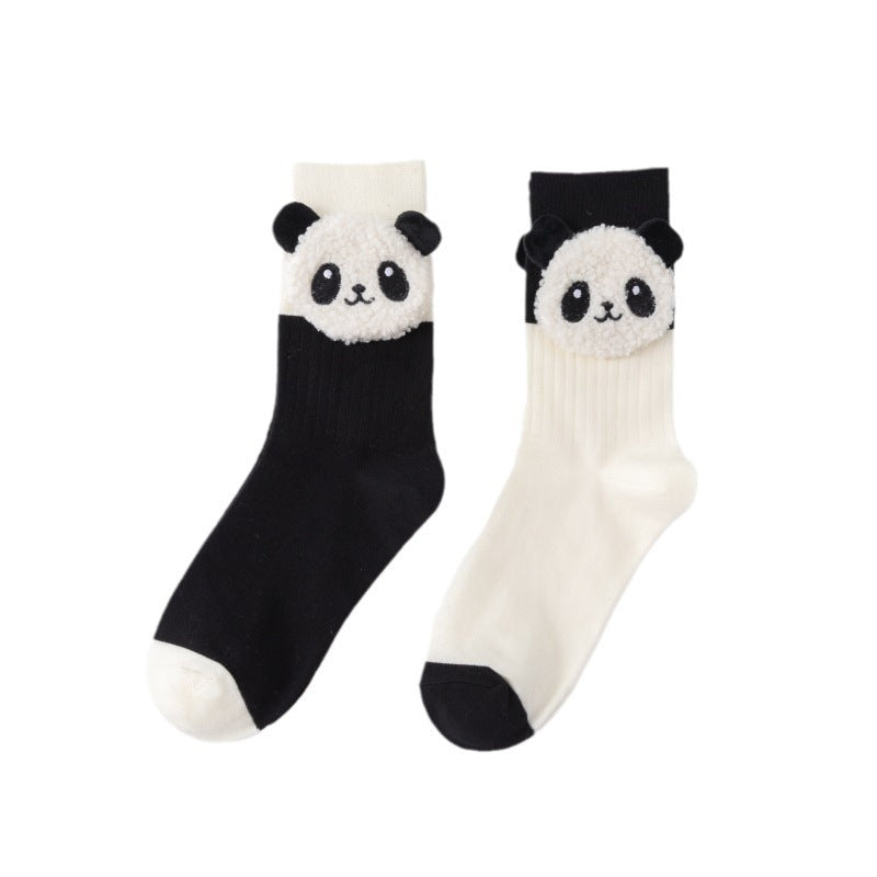 Black And White Three-dimensional Panda Pure Cotton Mid-calf Length Socks