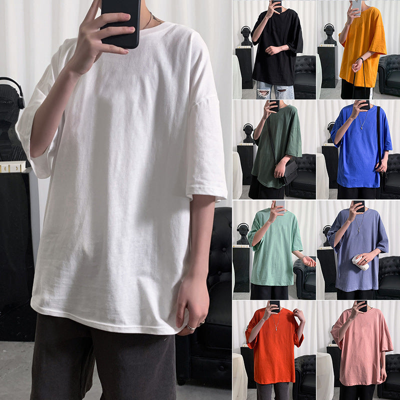 Hong Kong Style Solid Color Short-sleeved T-shirt Men's Simple Round Neck