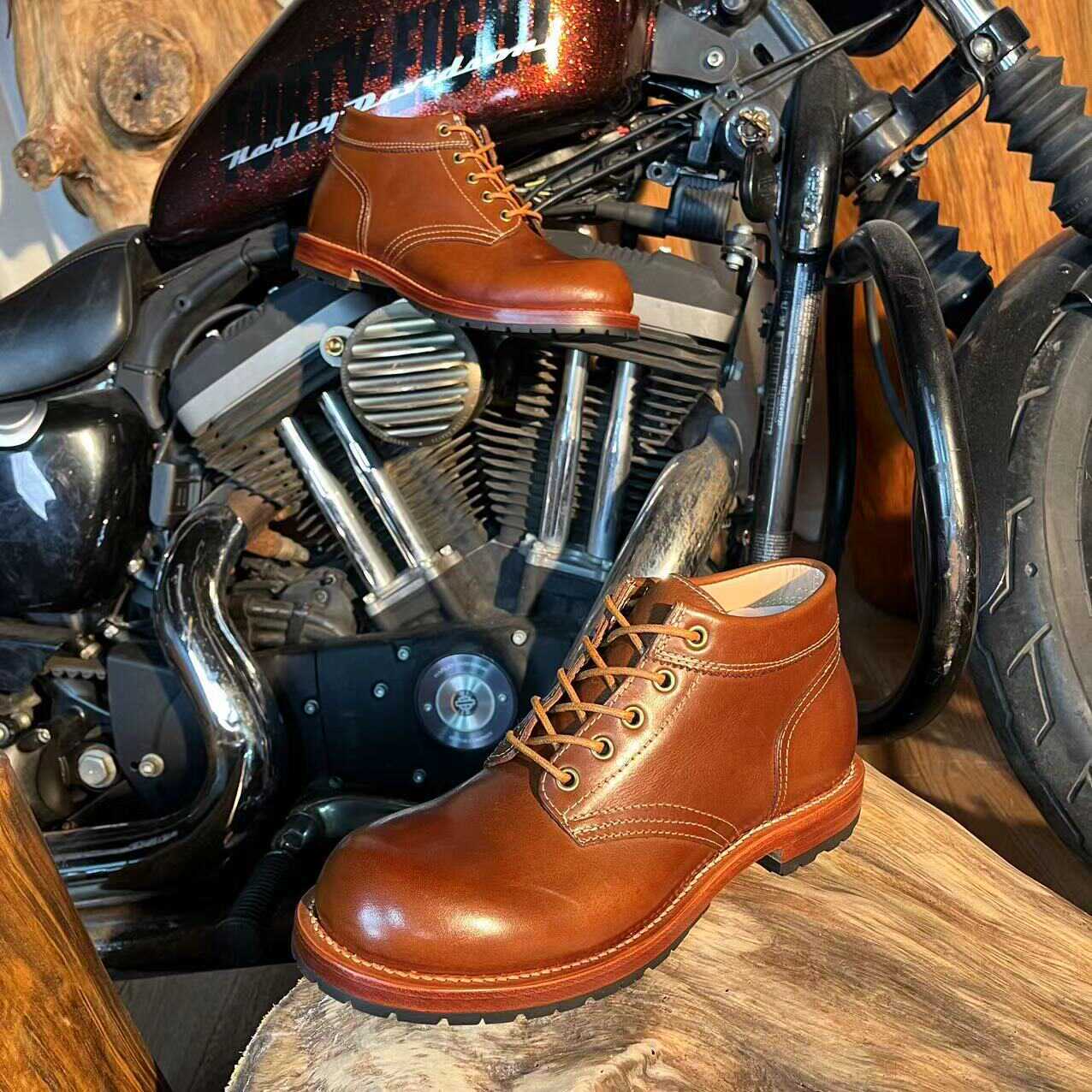 Retro GOOD YEAR Craft Black Motorcycle Handmade Boots