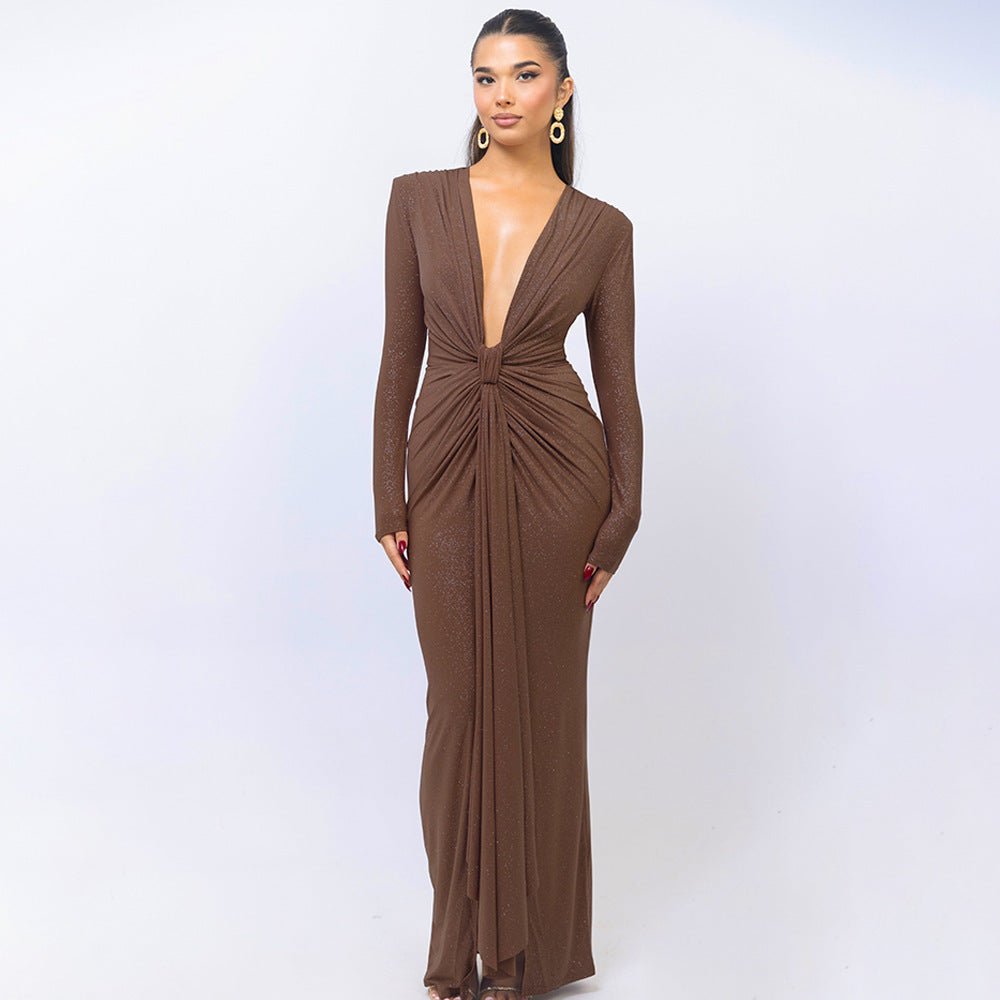 Fashion Deep V-neck Ribbon Slit Slim-fitting Dress