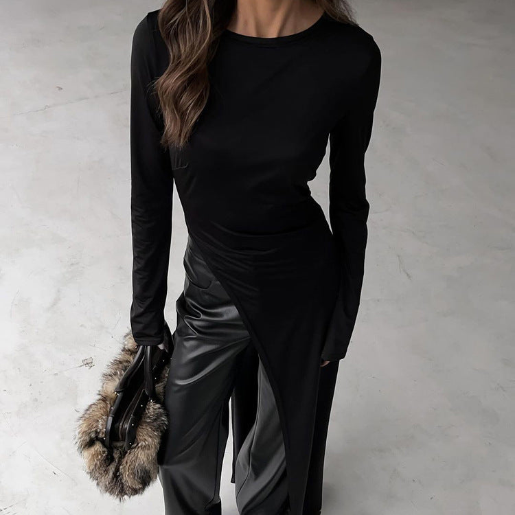 Irregular Slit Solid Color Round-neck Long-sleeved Dress