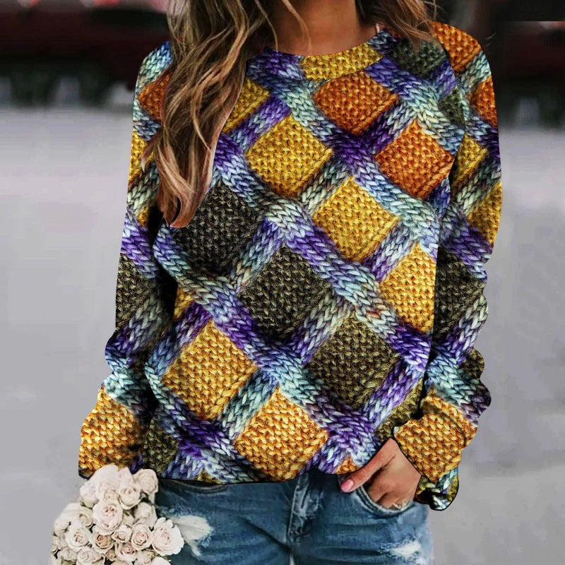 Creative Sweater Printed Patchwork Round Neck Raglan Long Sleeve