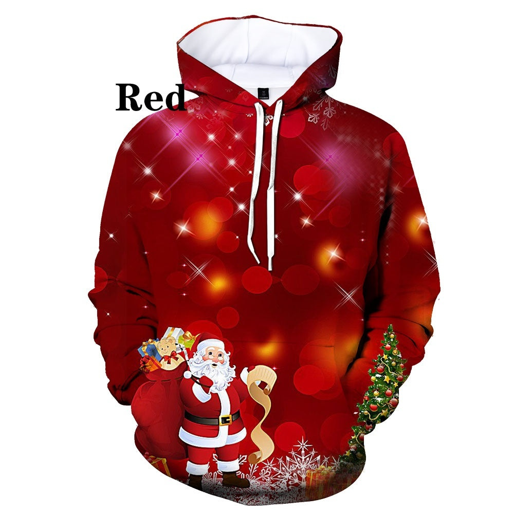 Christmas 3D Digital Print Casual Loose Fit Hooded Pullover Sweatshirt