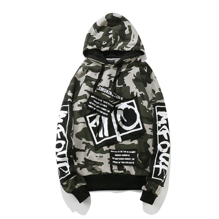 Men's Tide brand new patch hooded autumn camouflage loose sweater high street men's wild hip hop hood sweater