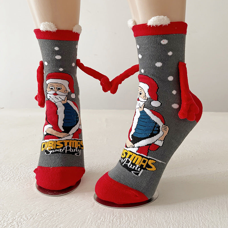 Christmas Magnetic Socks Cute Elk Santa Claus Snowman Hand-holding Socks For Couple