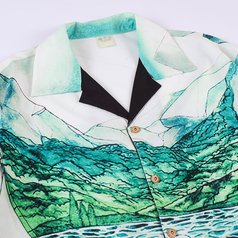 Men's Loose Landscape Print Shirt With Short Sleeves