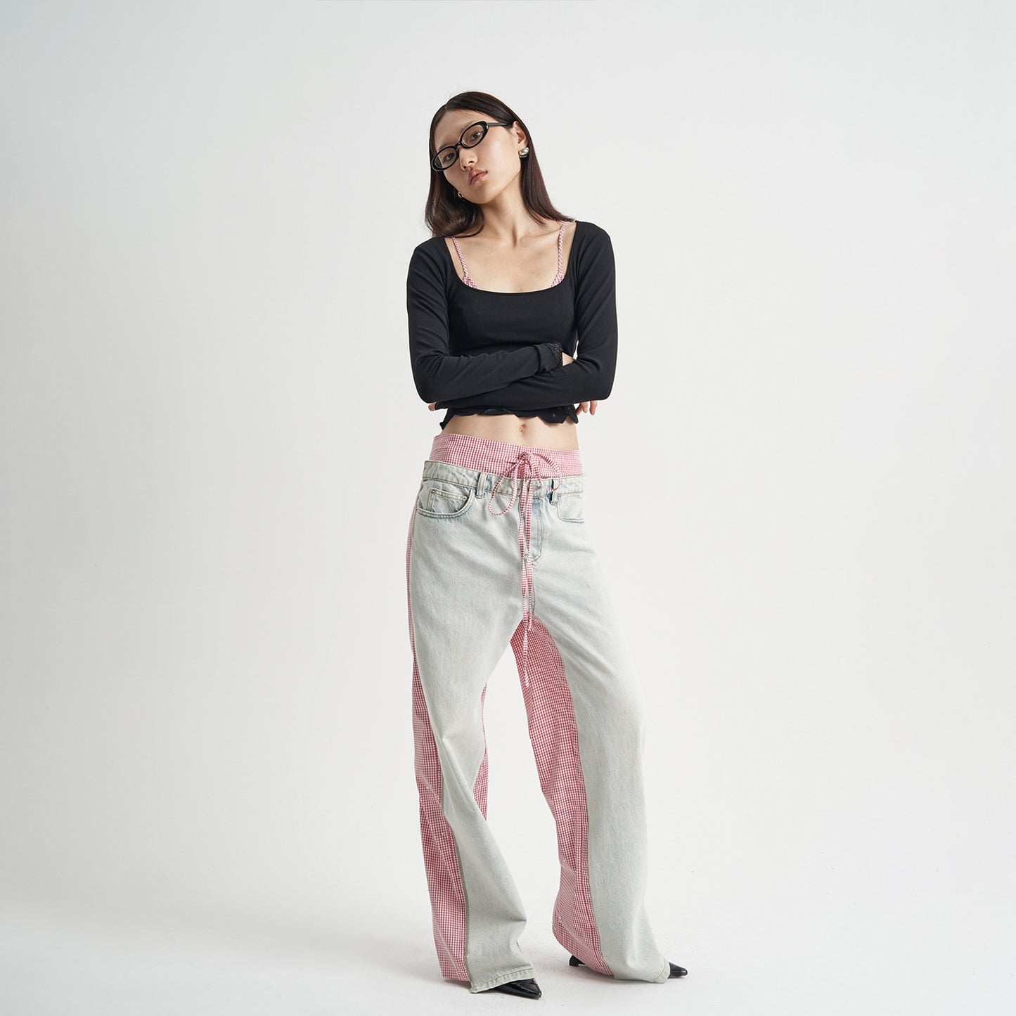 Patchwork Jeans Pink Plaid Women's Clothing