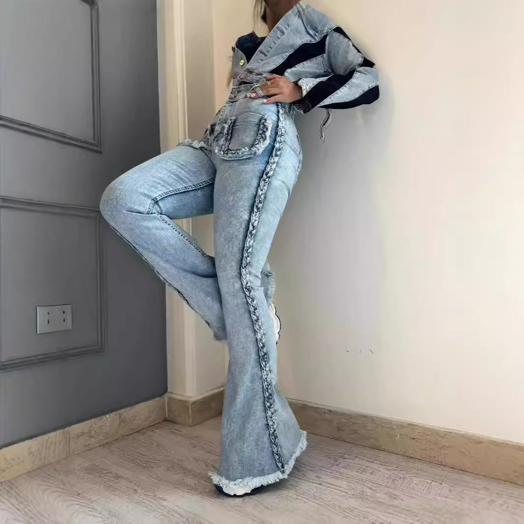 High Waist All-matching Twist Elastic Denim Bell-bottom Pants