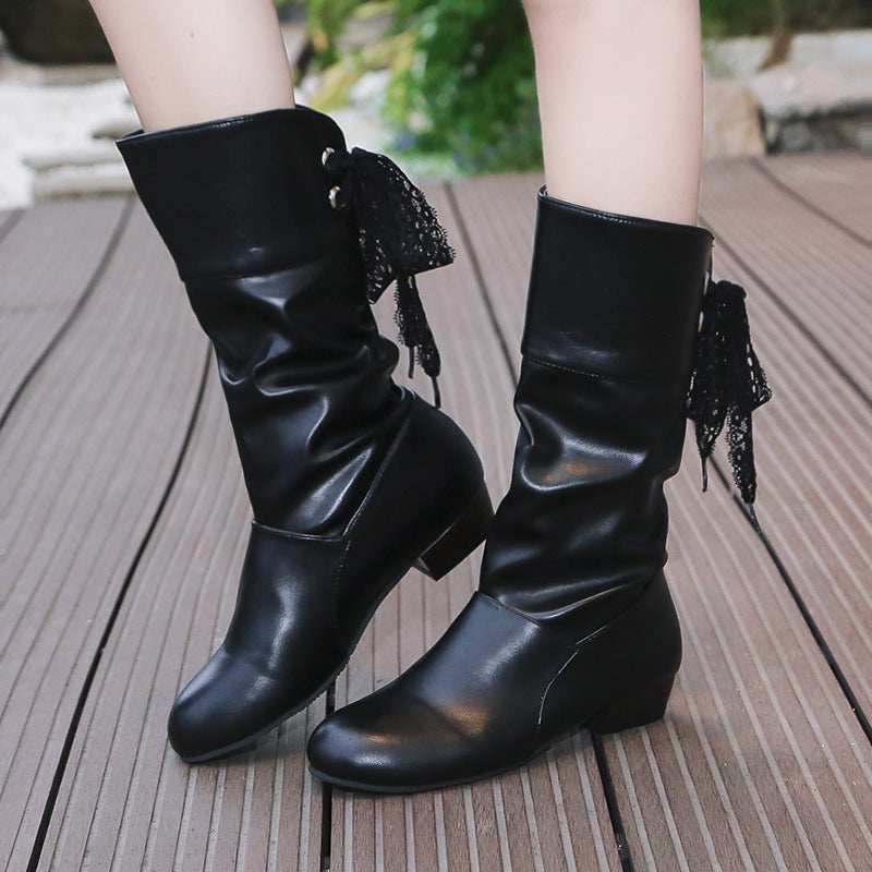 Student Knight Low Heel Round Head Slingback Mid-calf Boots