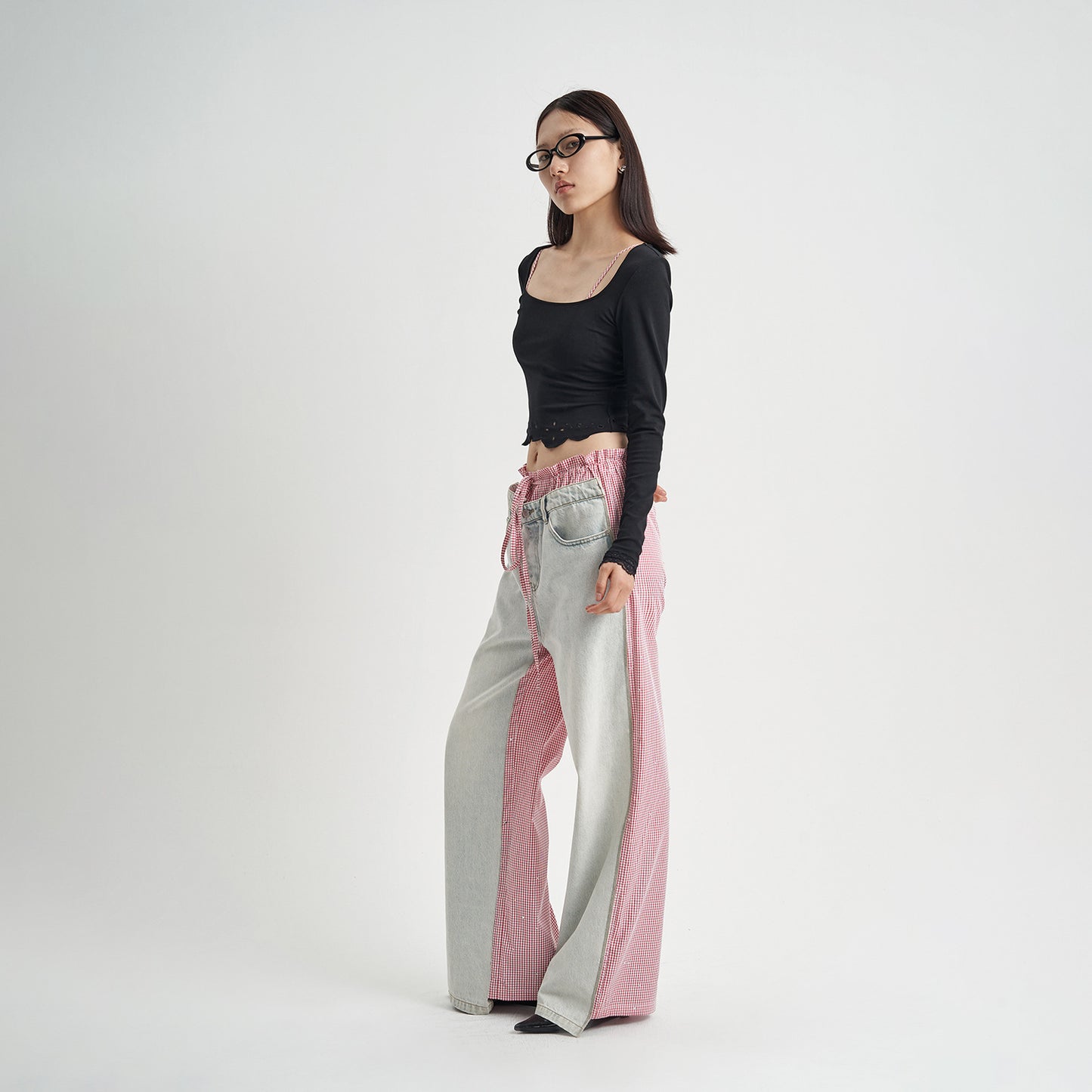 Patchwork Jeans Pink Plaid Women's Clothing