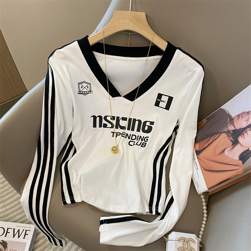 Design Sense Stitching Stripe Long Sleeves T-shirt Female Autumn Niche Letter Printing