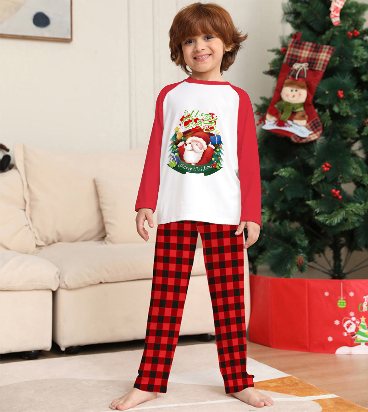 Christmas Parent-Child Clothes Set Long Sleeve T-Shirt Plaid Pants Family Matching Pajamas