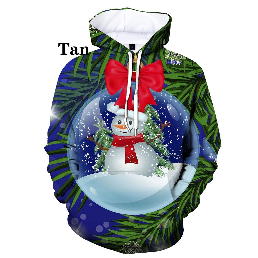 Christmas 3D Digital Print Casual Loose Fit Hooded Pullover Sweatshirt