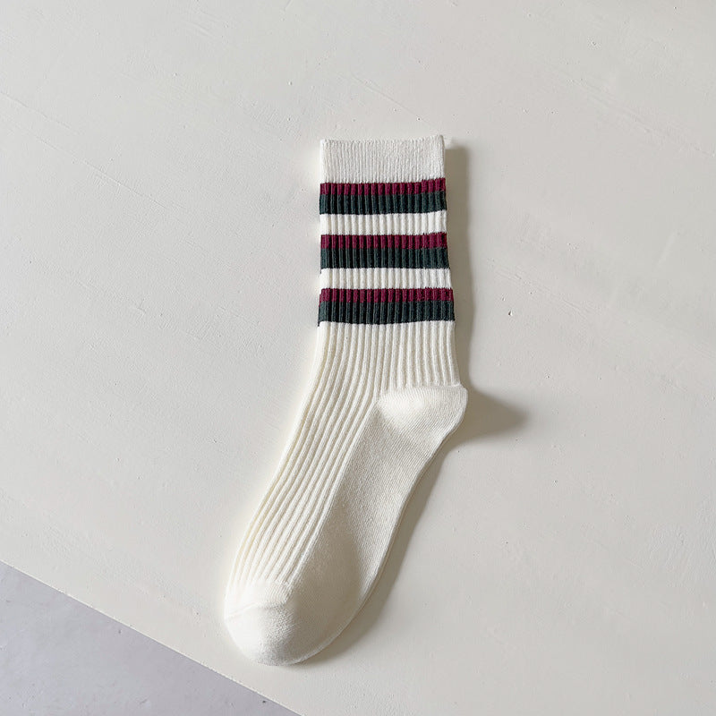 Female Coffee Color Series Japanese-style Retro Double Needle Cotton Mid-calf Length Socks