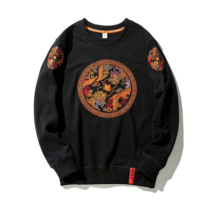 Chinese style dragon robe embroidery round neck thin sweater