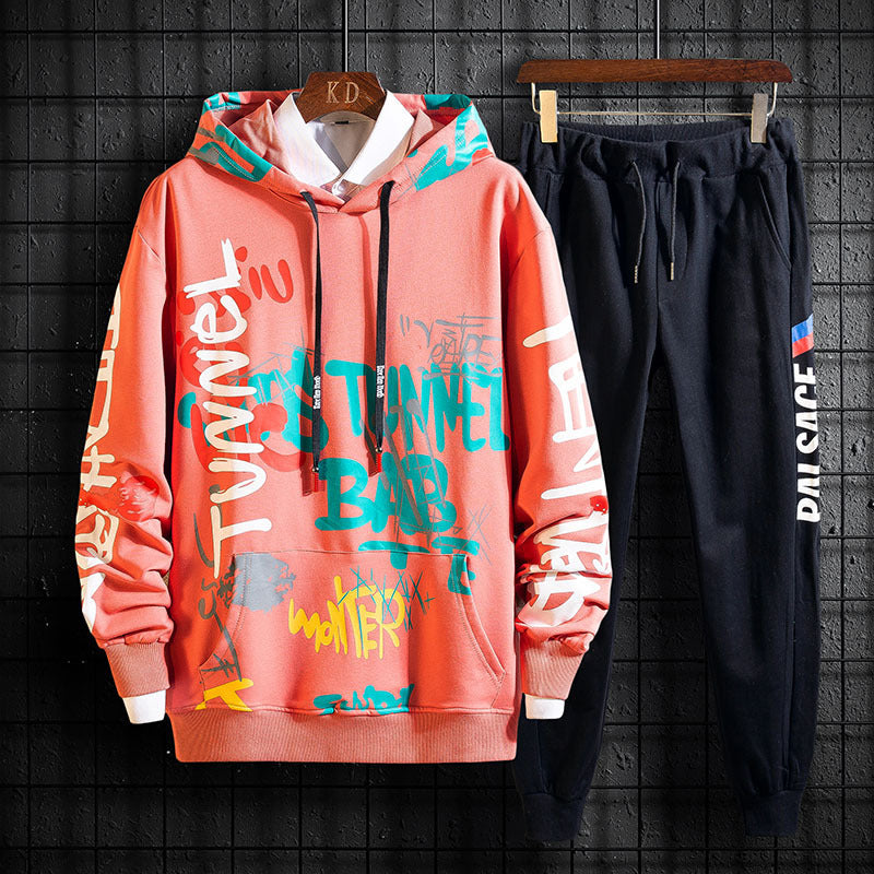 Hooded Printed Sports Suit Men's Fashion Two Piece