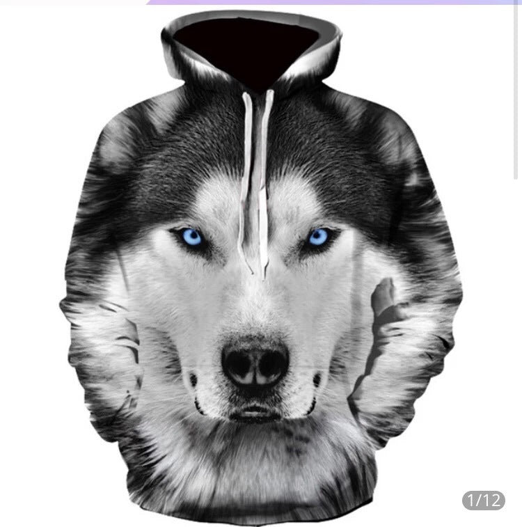 Digital Printing A Cool Wolf Hooded 3D Long-sleeved Sweater Trend