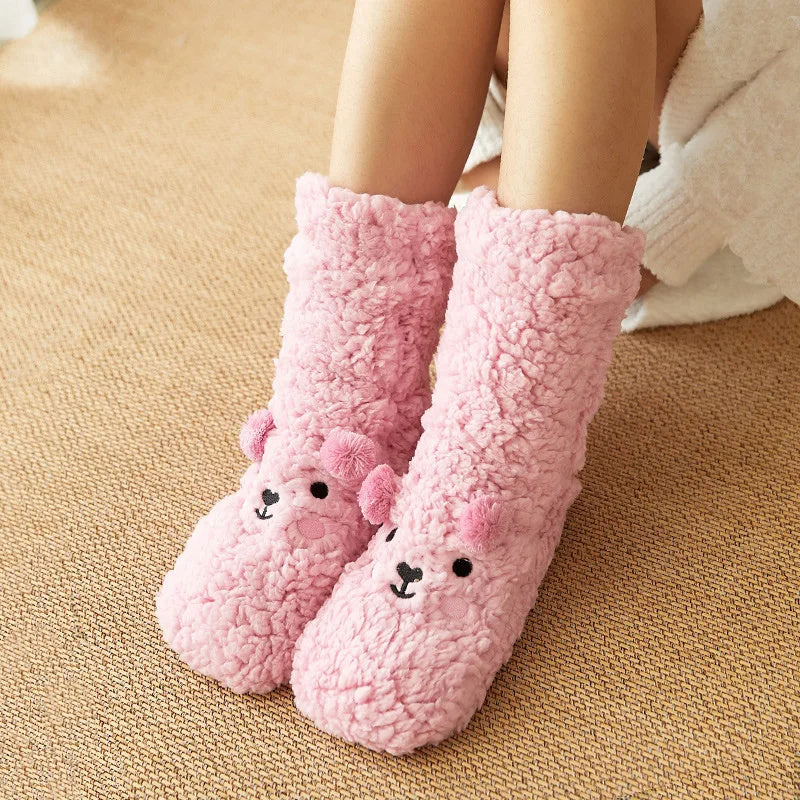 Cute Cartoon Bear Fuzzy Socks For Women, Comfortable Winter Soft Warm Slipper Socks, Casual Sleep Socks For Indoor Women's Fuzzy Socks Winter Warm Fluffy Soft Slipper Home Sleeping Cute Animal Socks