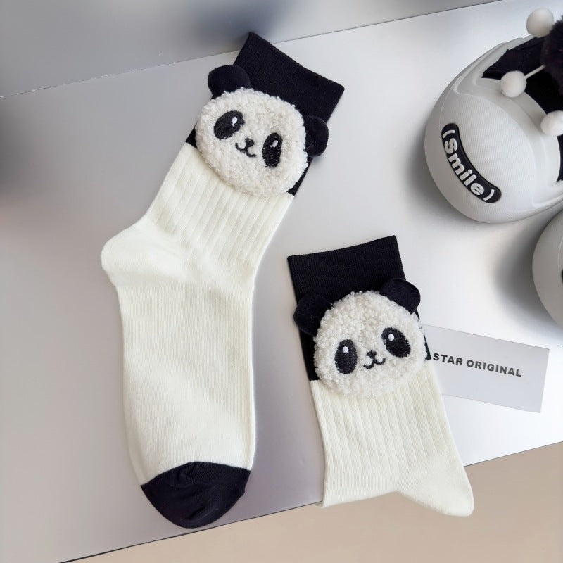 Black And White Three-dimensional Panda Pure Cotton Mid-calf Length Socks