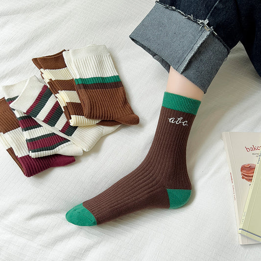 Female Coffee Color Series Japanese-style Retro Double Needle Cotton Mid-calf Length Socks