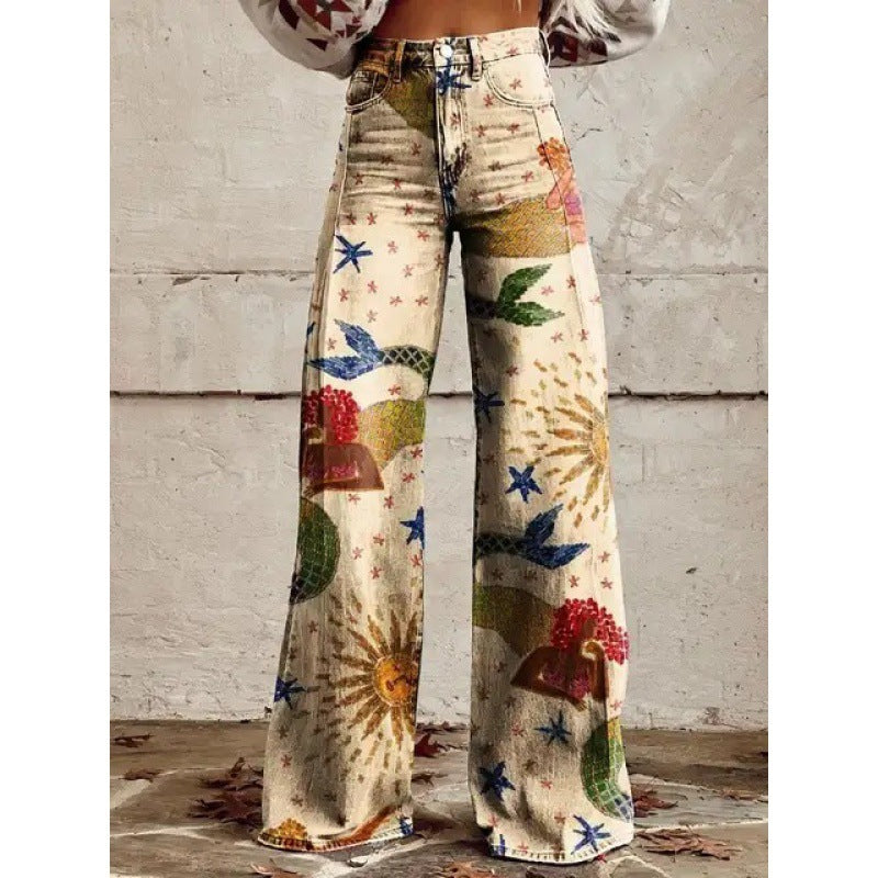 Fashion Women's Printed High Waist Loose Thin Imitation Denim Wide Leg Pants