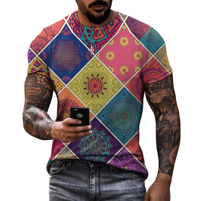 Men's Diamond Pattern Half Sleeve Round Neck Short Sleeve