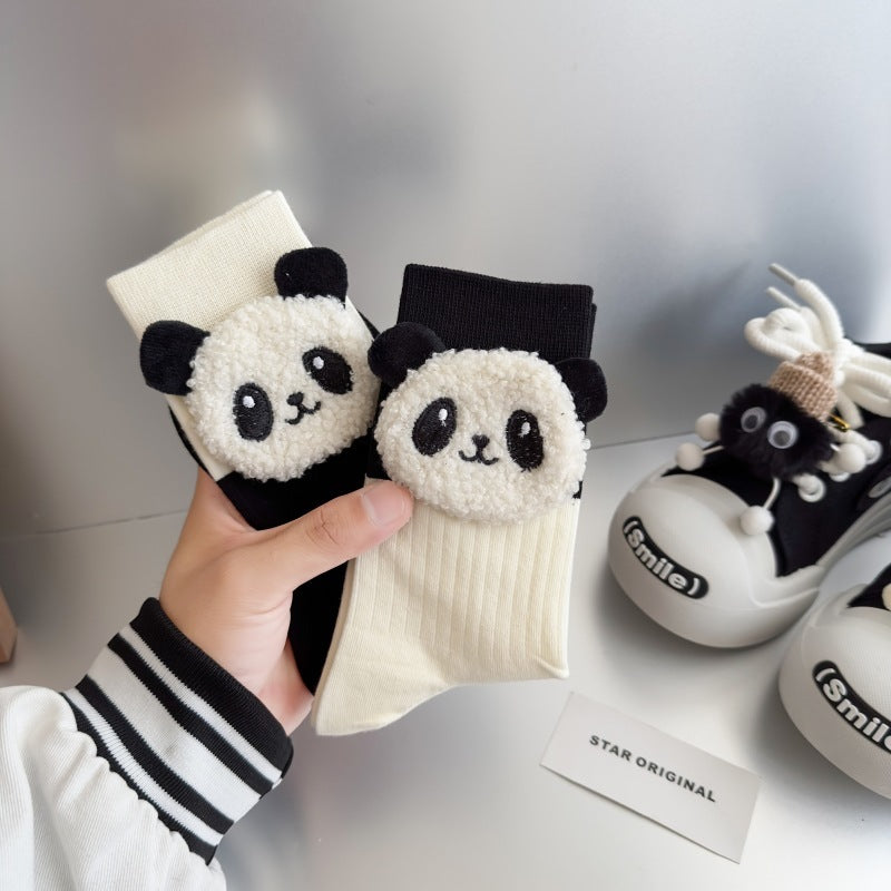 Black And White Three-dimensional Panda Pure Cotton Mid-calf Length Socks