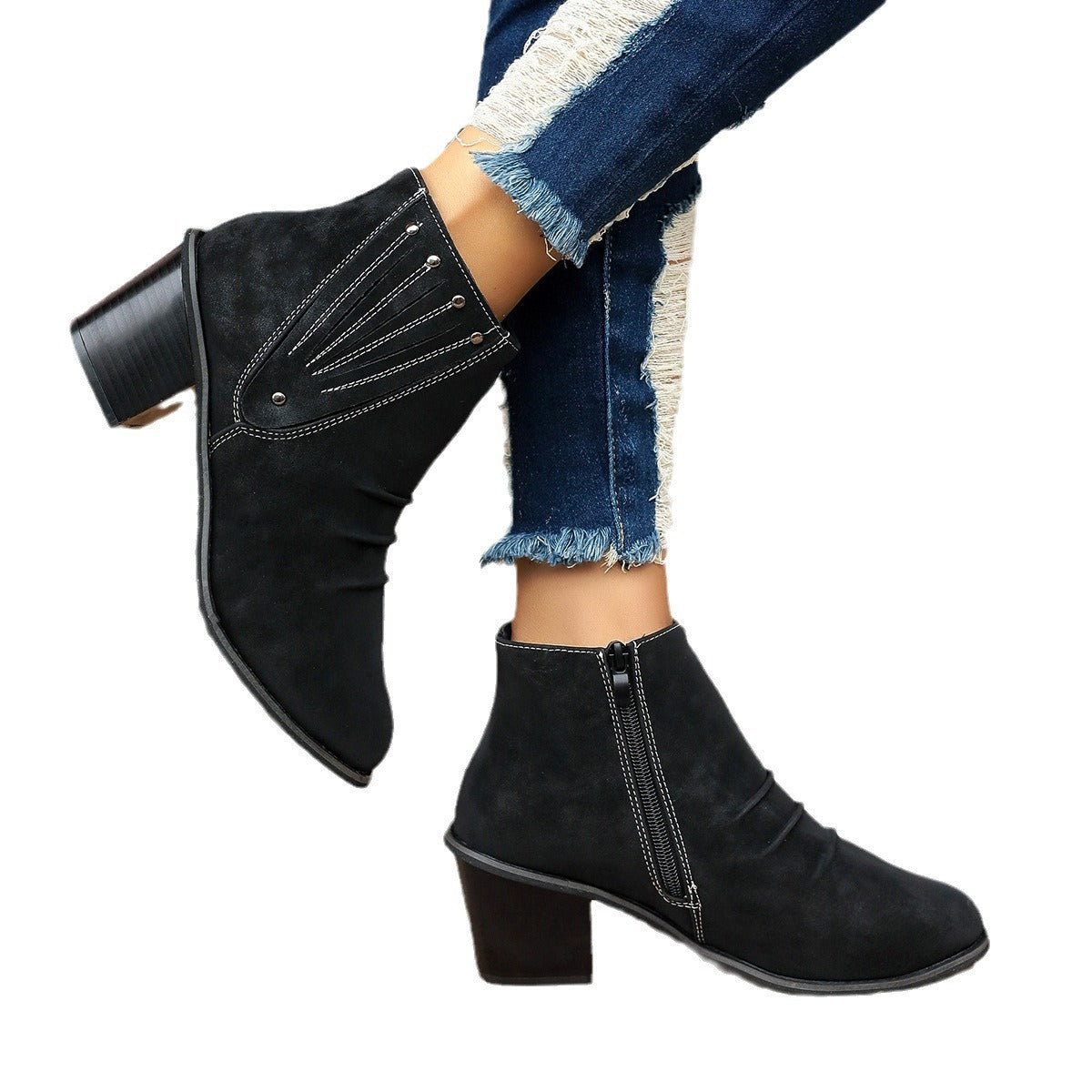 Side Zipper Code Chunky Heel High Heel Short Boots