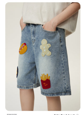 Creative Towel Embroidery Denim Shorts Male And Female Trendy Brand High Street Straight Shorts