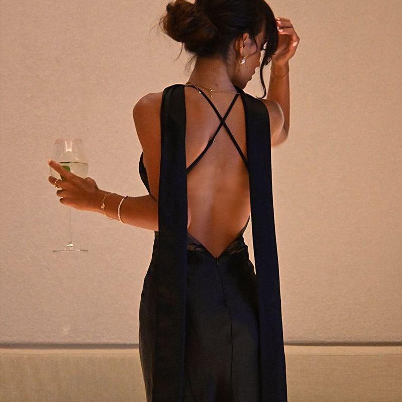 Sexy Lace Stitching V-neck Backless Sling Dress Scarf