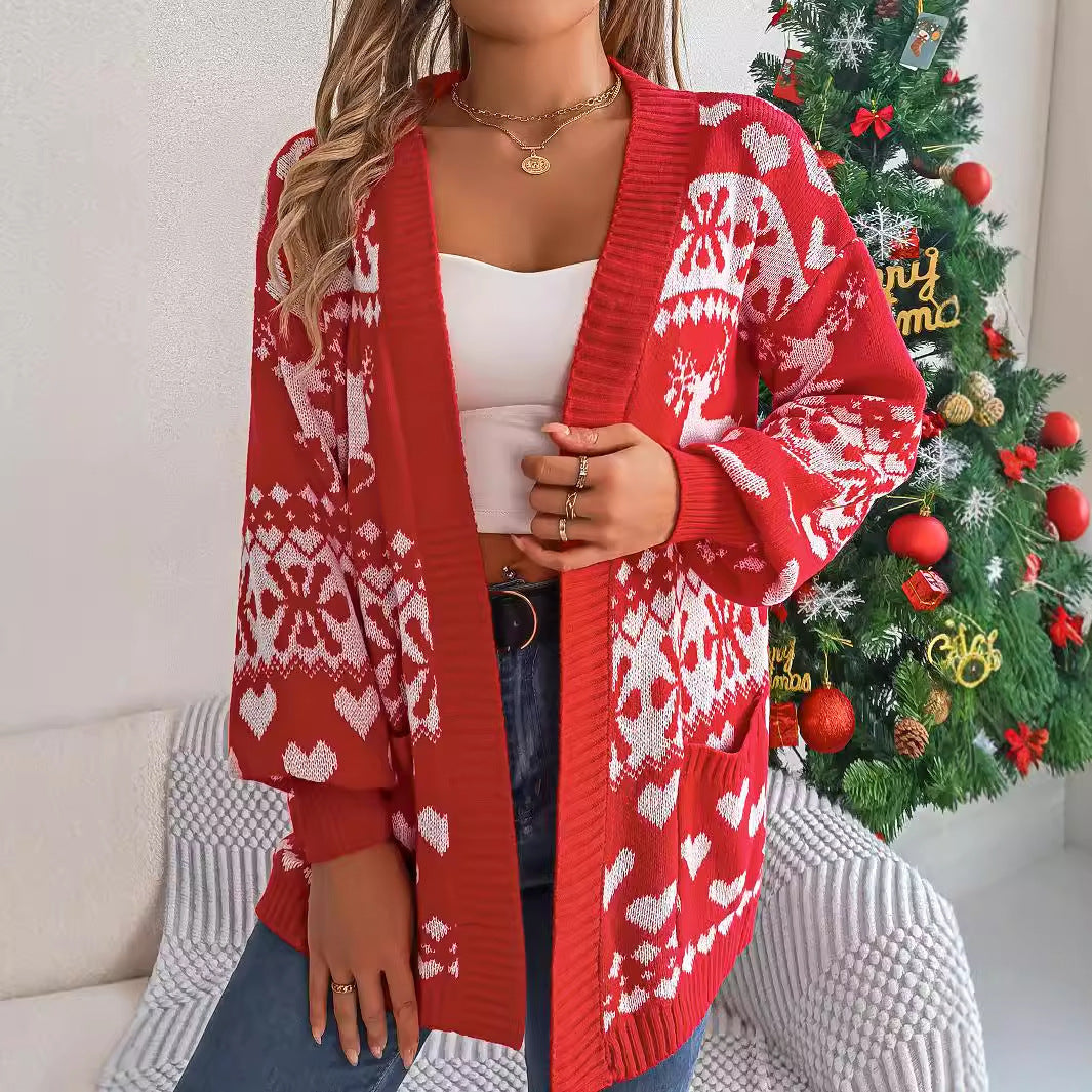 2024 Christmas Clothes Women's Open Front Cardigan Knitwear Lantern Sleeve Xmas Printed Oversized Deer Sweater Pockets Knitted