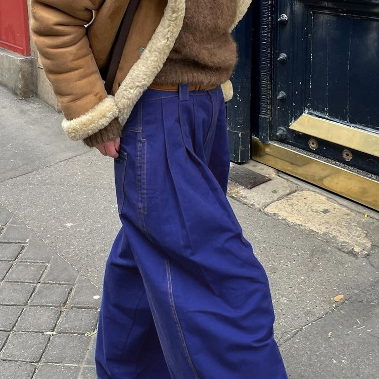 Double-pocket Blue Wide-leg Pants