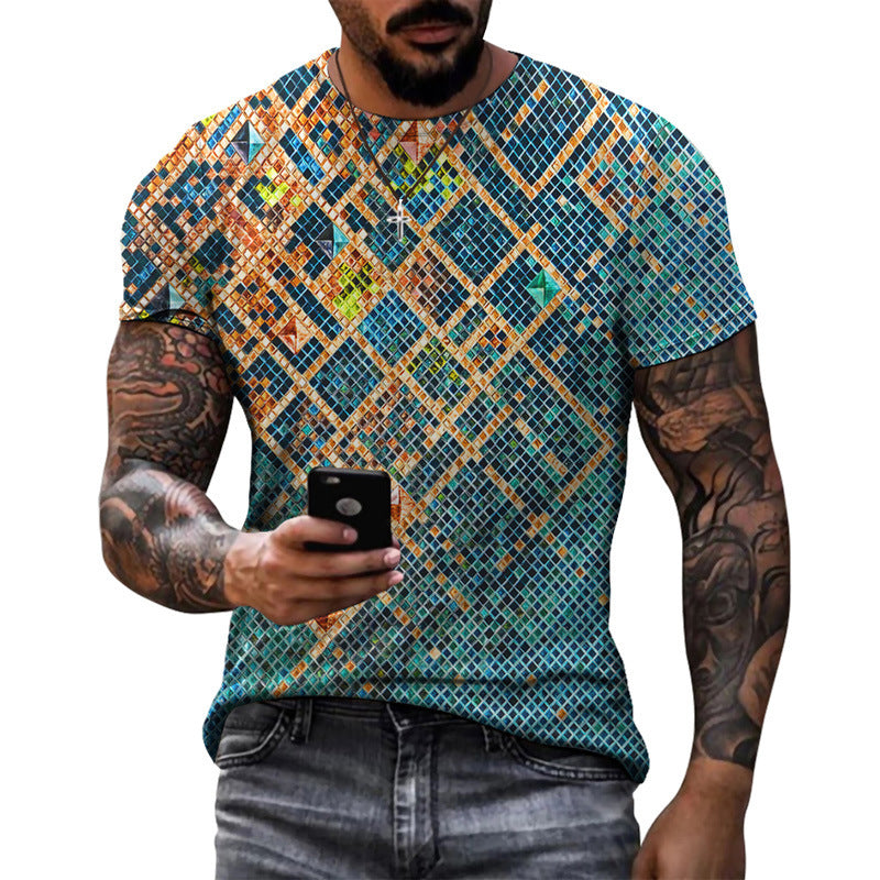 Men's Diamond Pattern Half Sleeve Round Neck Short Sleeve