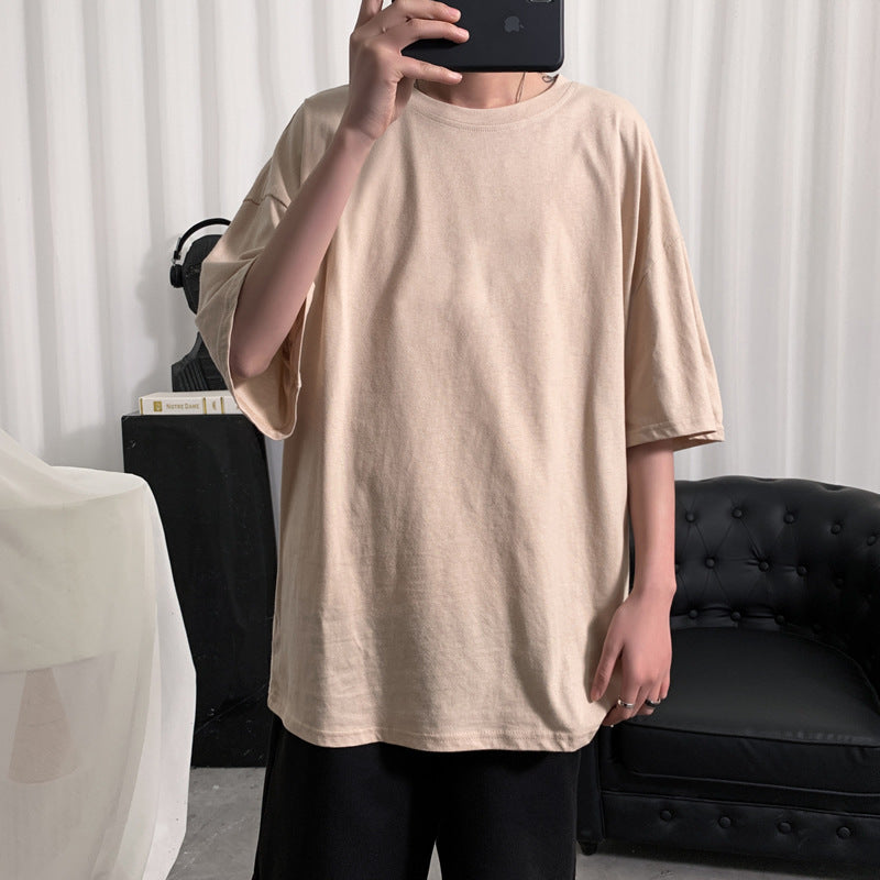 Hong Kong Style Solid Color Short-sleeved T-shirt Men's Simple Round Neck