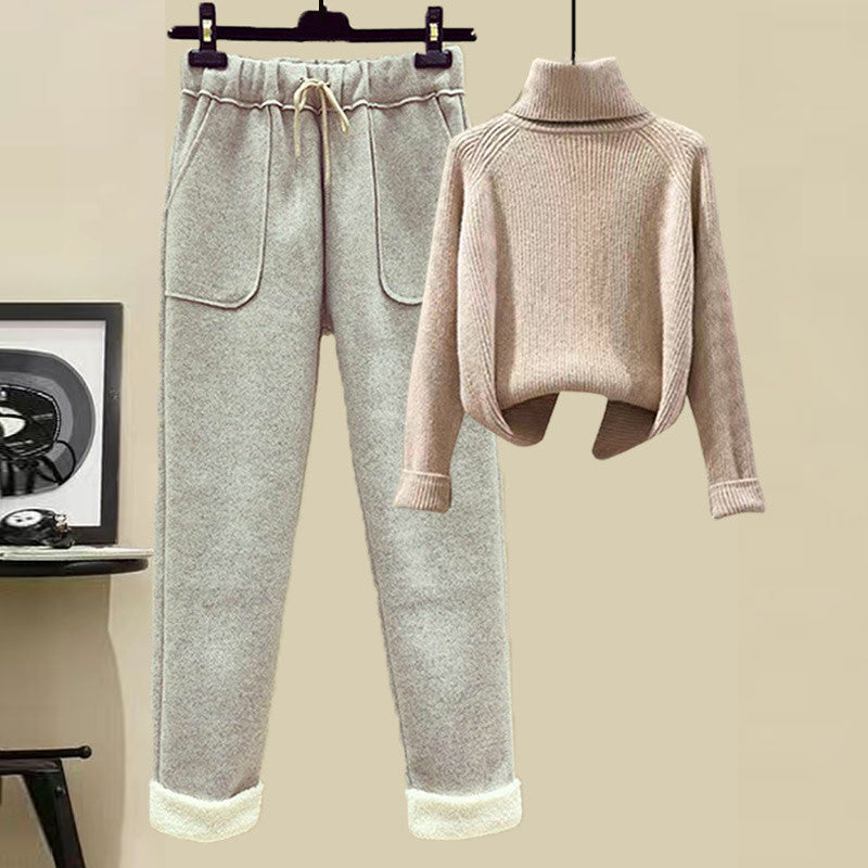 Lamb Wool Fur Sweater Casual Pants Three Piece Set Fashion Suit Women