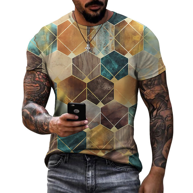 Men's Diamond Pattern Half Sleeve Round Neck Short Sleeve