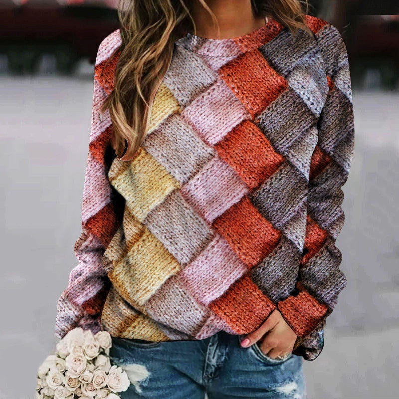 Creative Sweater Printed Patchwork Round Neck Raglan Long Sleeve