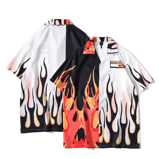 American Street Personality Flame Print Short-sleeved Shirt Men