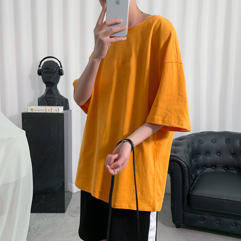 Hong Kong Style Solid Color Short-sleeved T-shirt Men's Simple Round Neck