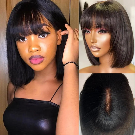 14 Inch Short Black Bob Wig with Bangs Human Hair Yaki Straight Bang Bob Wig Glueless Scalp Bob Bang Wig For Black Women