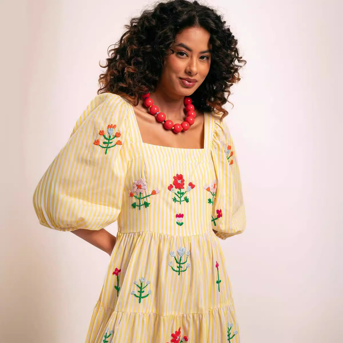 Puff Sleeve Embroidered Square Collar Large Swing Beach Holiday Dress