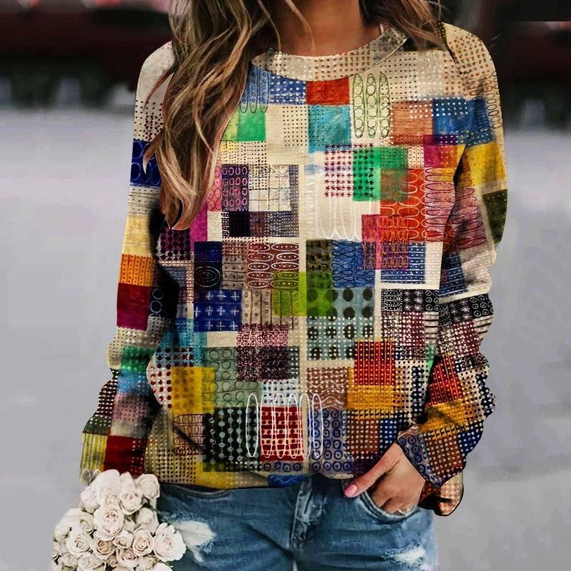 Creative Sweater Printed Patchwork Round Neck Raglan Long Sleeve