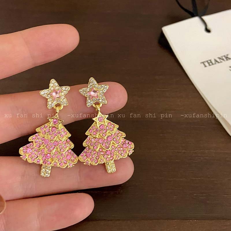 New Design Sweet Christmas Tree Earrings For Women Light Luxury Sparkling Zircon Dangle Earring Xmas Holiday Party Jewelry