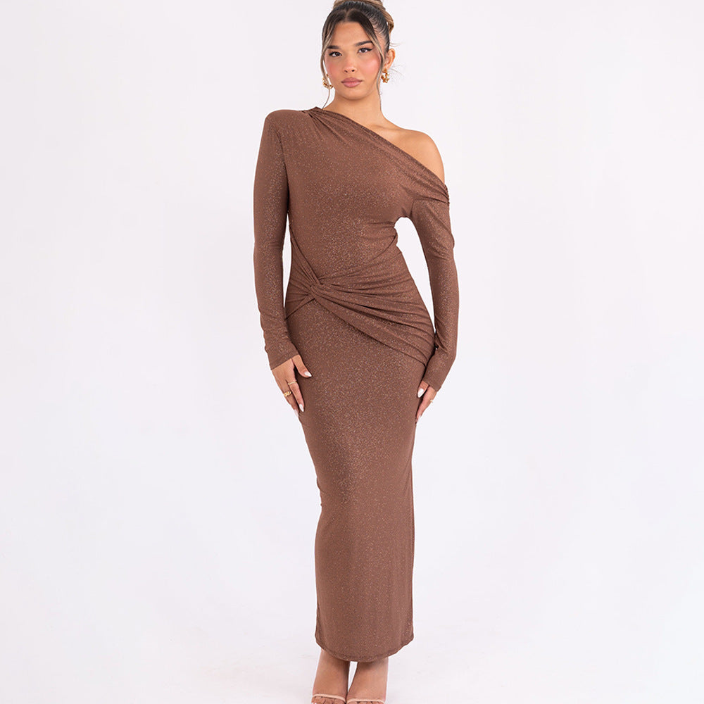 Oblique Shoulder Long Sleeve Fashion Pleated Dress