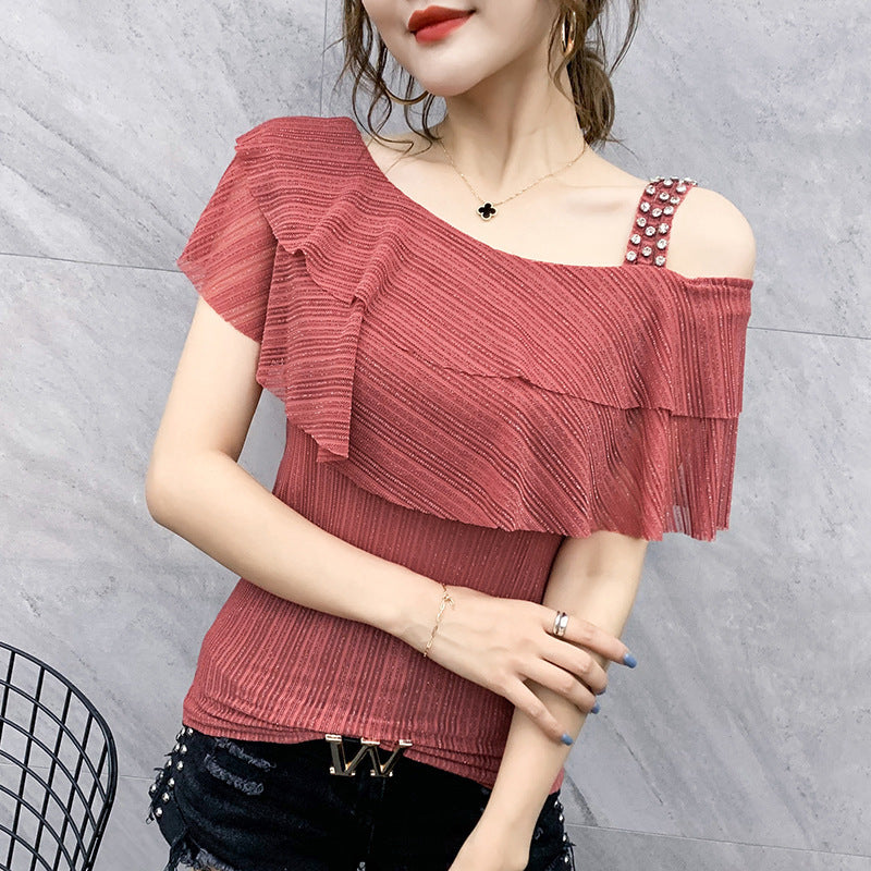 Ruffled Shoulder Leakage Ice Silk Top