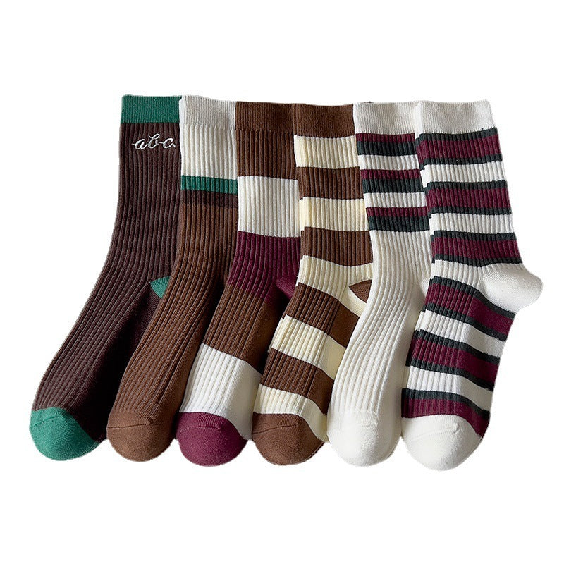 Female Coffee Color Series Japanese-style Retro Double Needle Cotton Mid-calf Length Socks