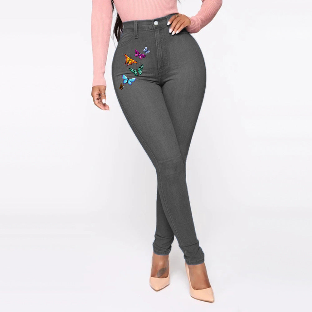 Printed Butterfly Jeans Women's European And American Style Trousers High Waist