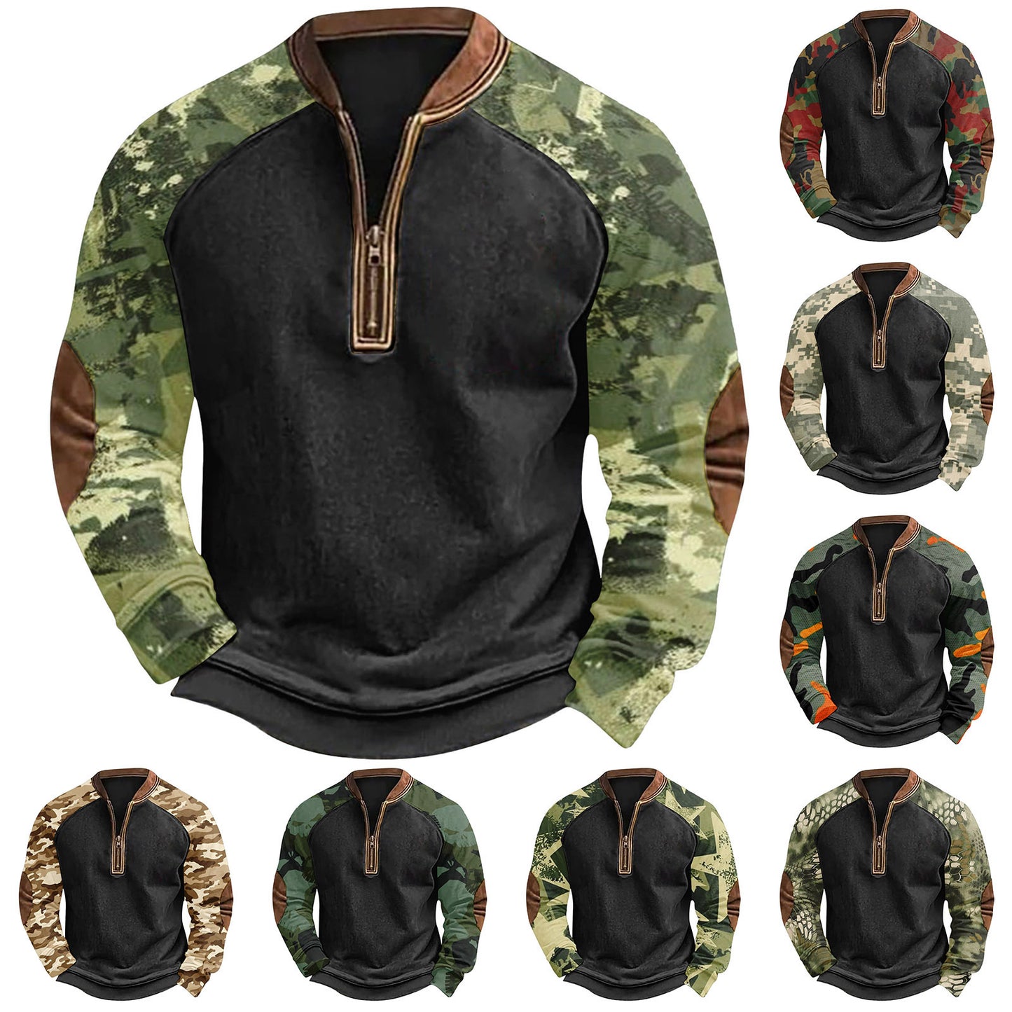 Printed Half Zipper Camouflage Men's Sweater