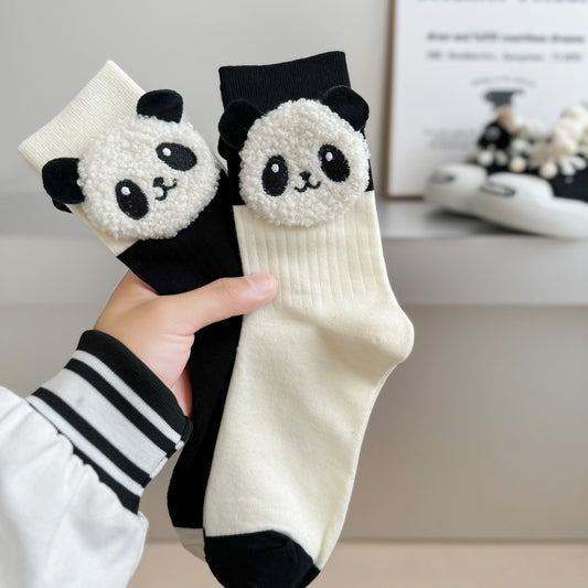 Black And White Three-dimensional Panda Pure Cotton Mid-calf Length Socks