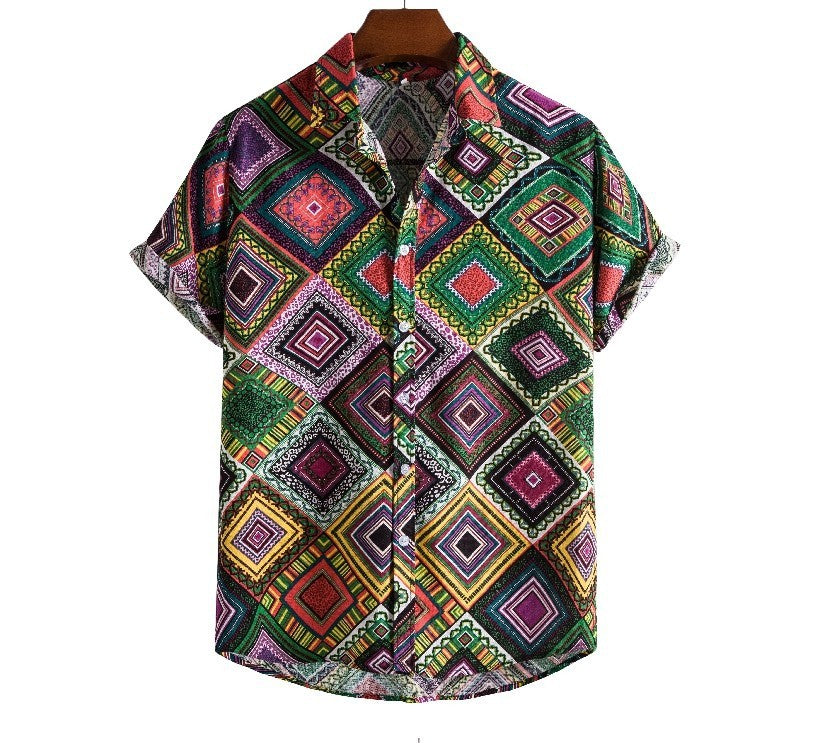 Printed Short-sleeved Lapel Casual Flower Shirt